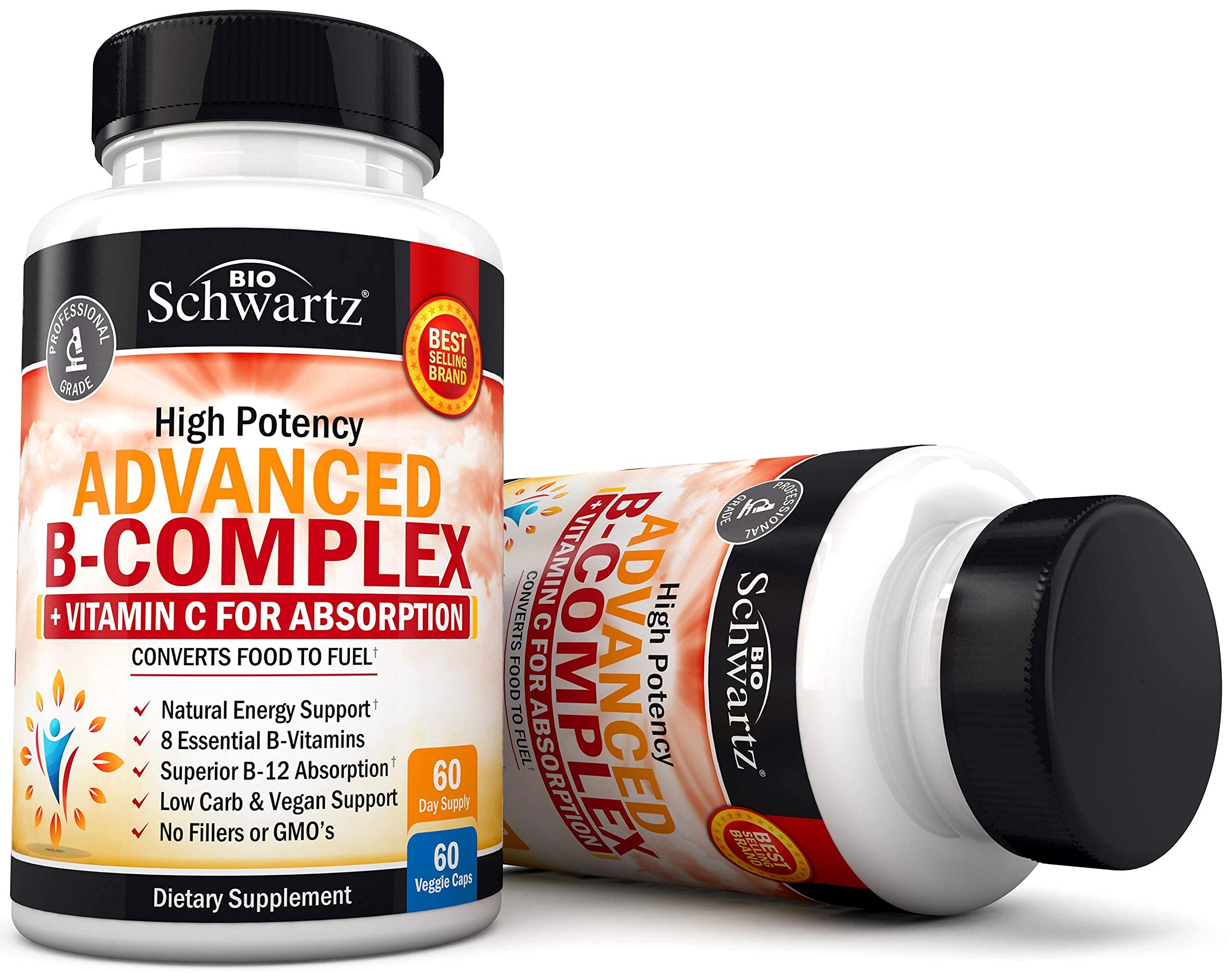 BioSchwartz Vitamin B Complex bottle on desk with glass of water.