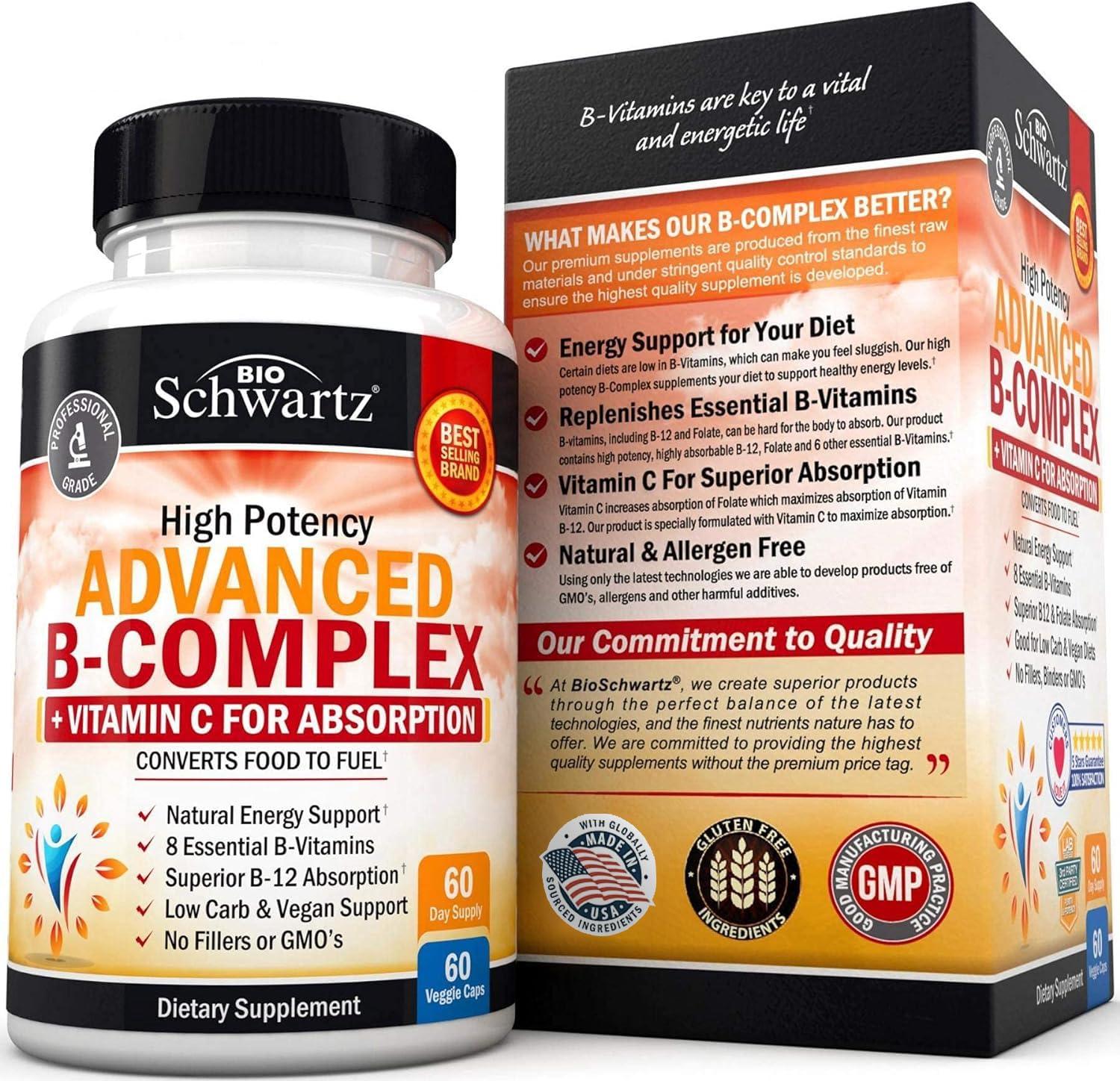 BioSchwartz Vitamin B Complex bottle with capsules on a desk for focus.
