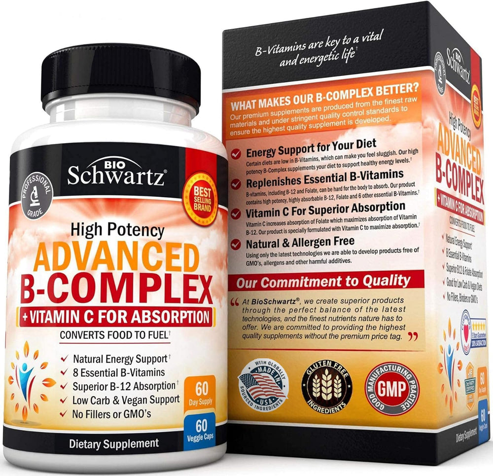 BioSchwartz Vitamin B Complex bottle with capsules on a desk for focus.