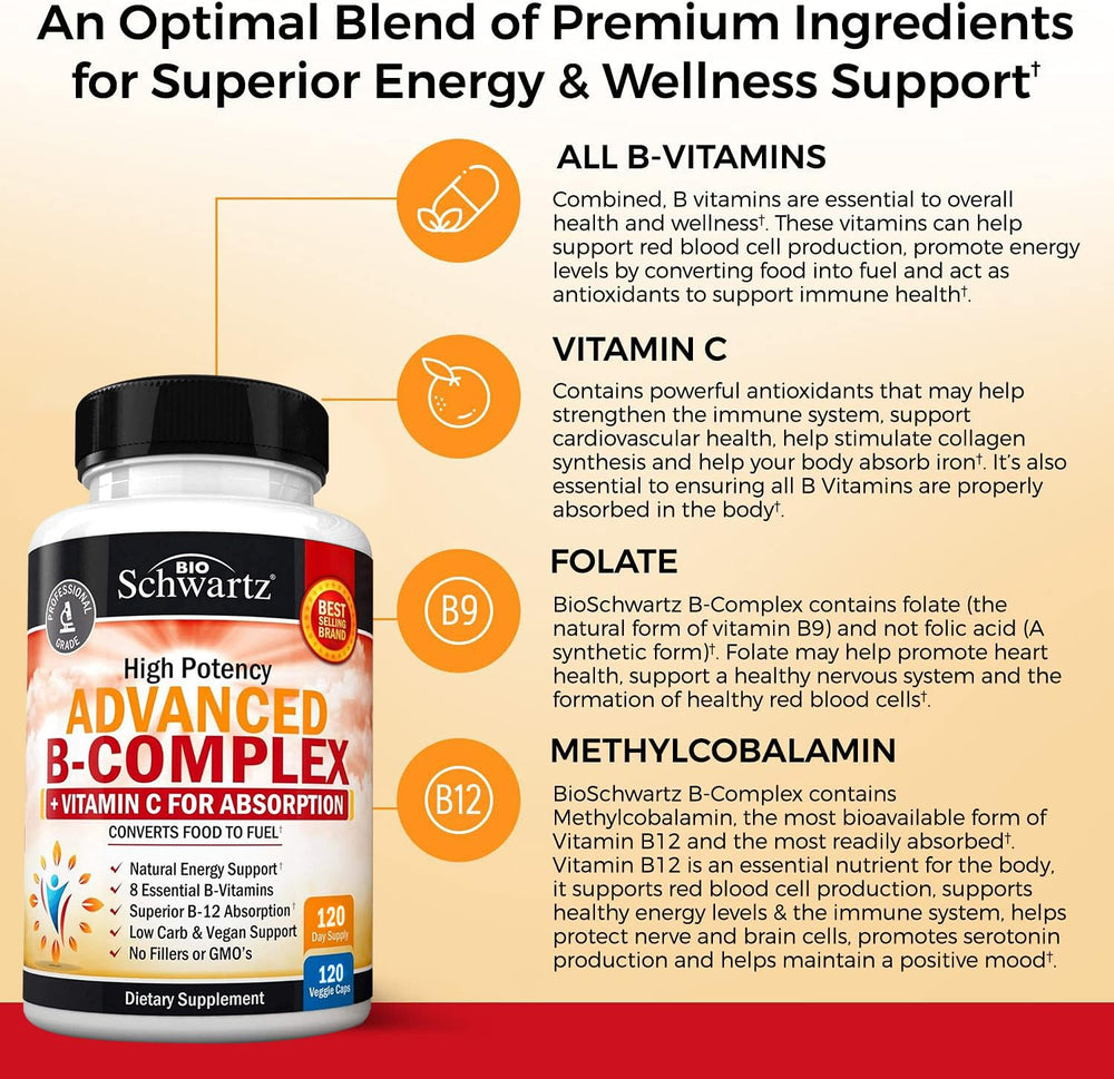BioSchwartz Vitamin B Complex bottle with glass for easy daily intake.