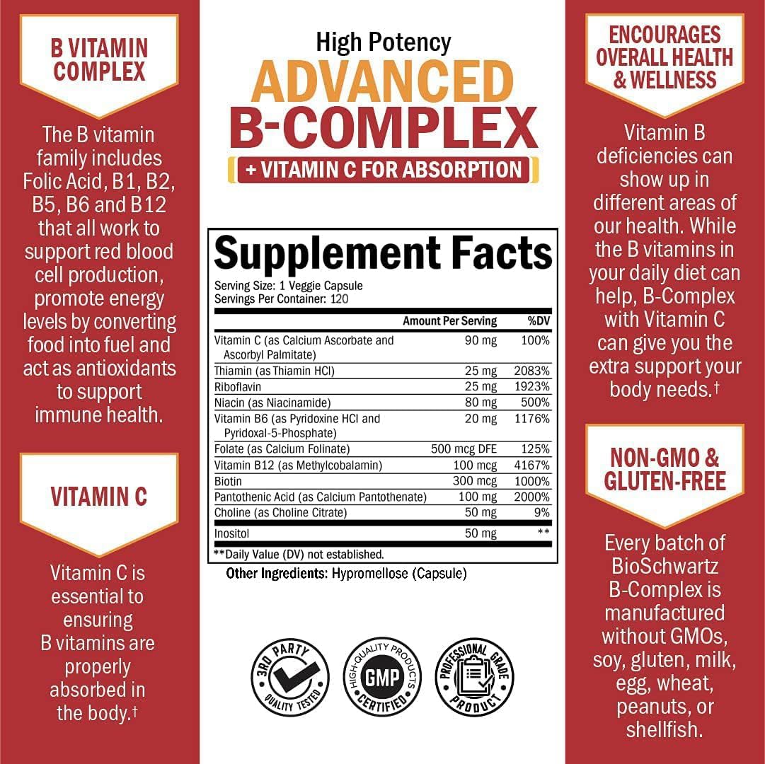 BioSchwartz B Complex label details showing purity and vitamin C addition.