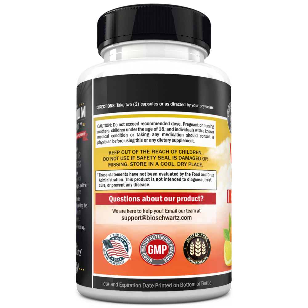 Allergen-free symbol beside BioSchwartz Vitamin C Complex bottle.