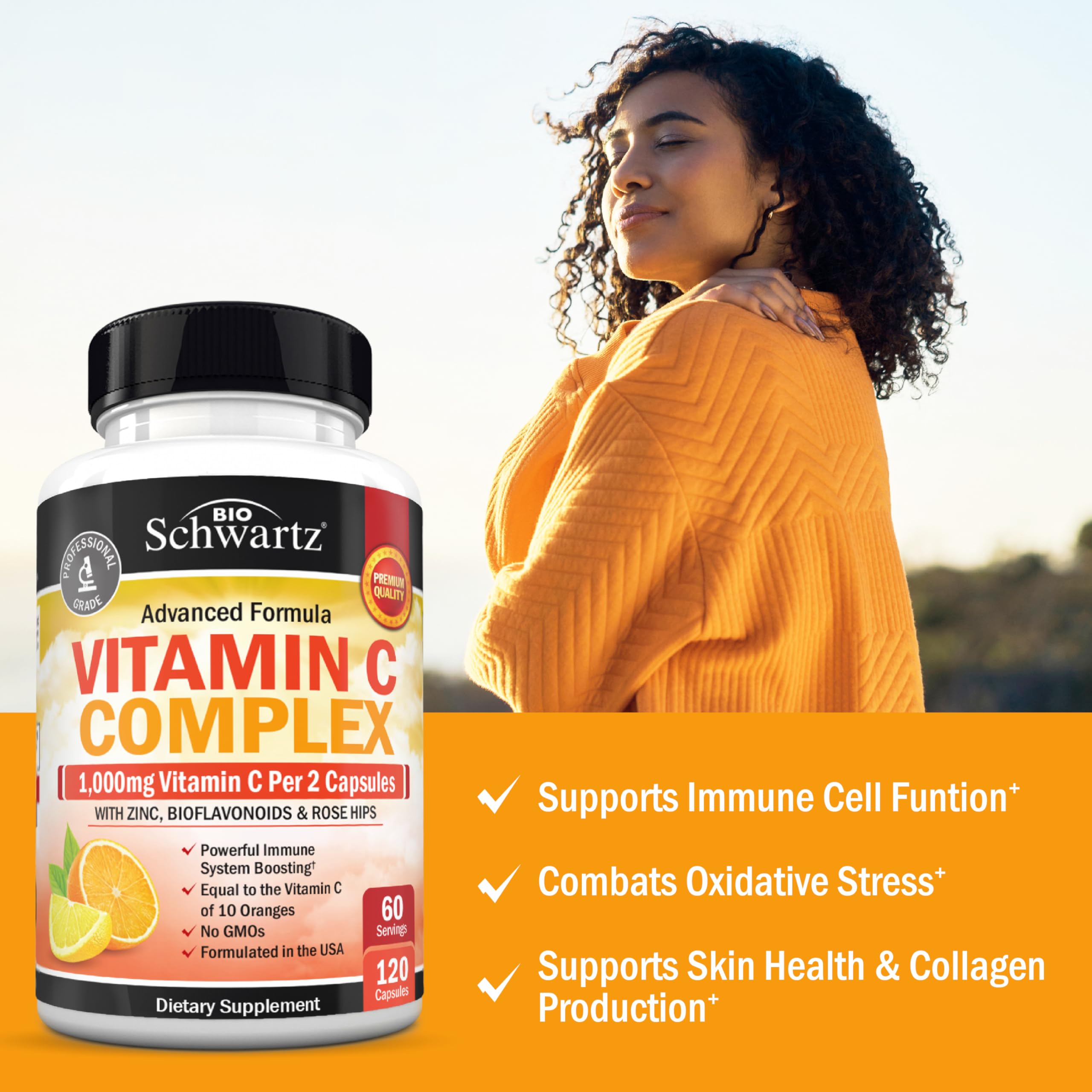BioSchwartz Vitamin C Complex with bioflavonoids, highlighting antioxidant support.