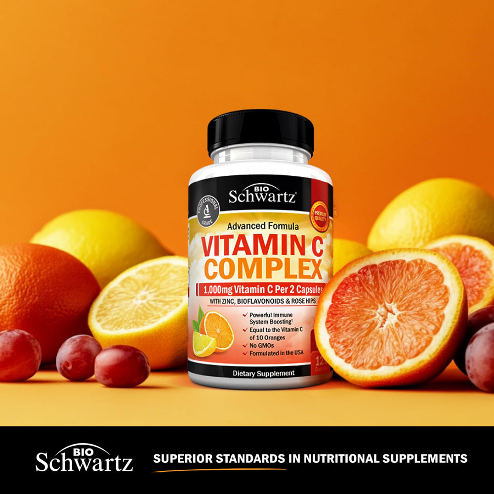 Close-up of BioSchwartz Vitamin C Complex label, emphasizing purity and quality.