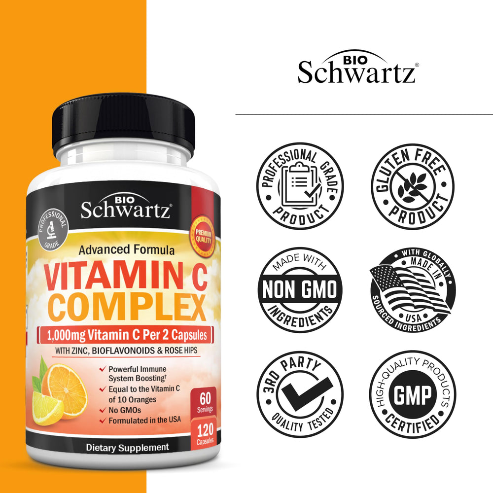 Zinc pairing with BioSchwartz Vitamin C Complex graphic indicating immune synergy.