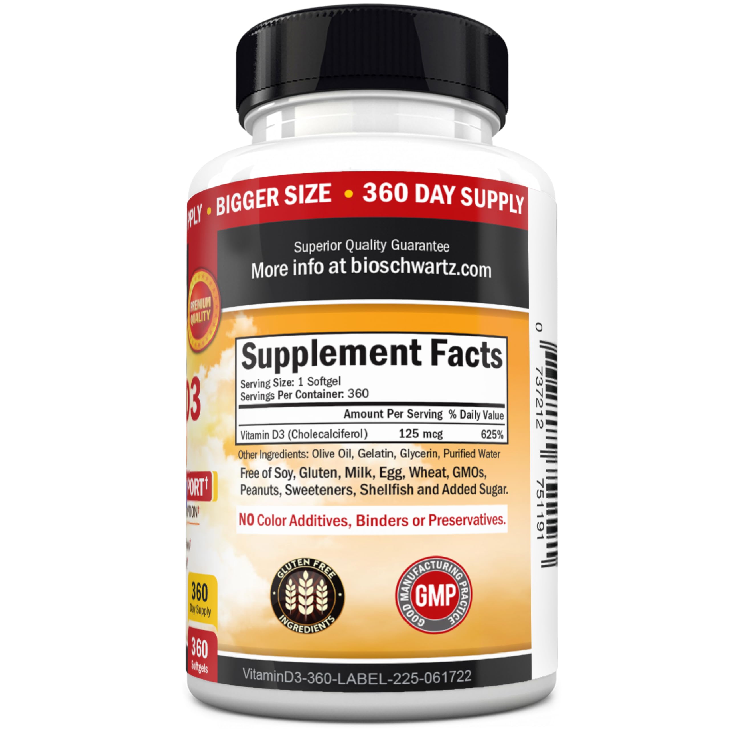 BioSchwartz Vitamin D3 bottle with seal indicating third-party testing