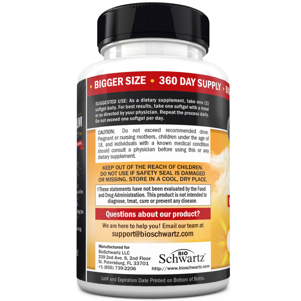 BioSchwartz Vitamin D3 bottle close-up highlighting 360-softgel supply