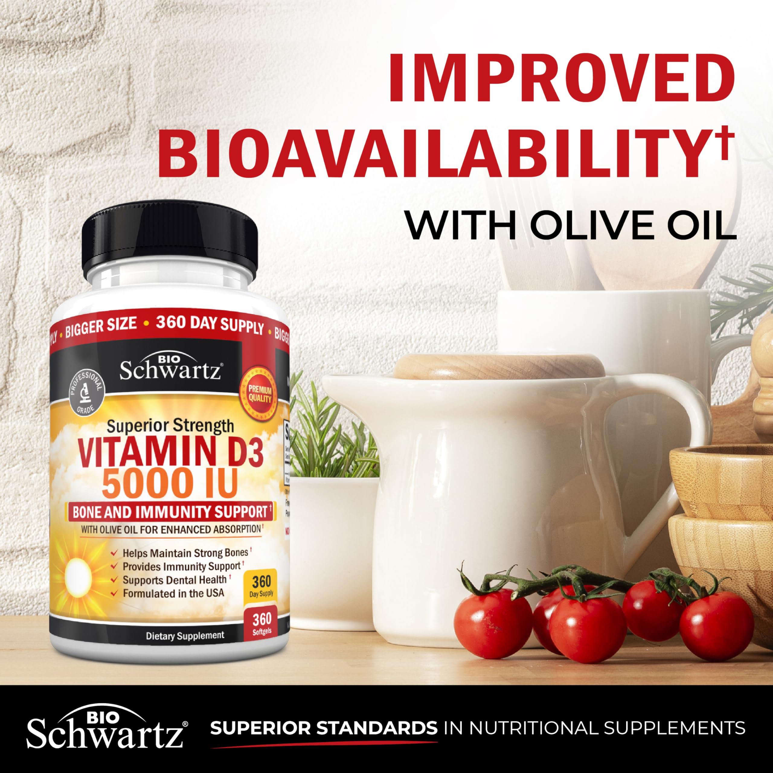 BioSchwartz Vitamin D3 bottle close-up showing pure, allergen-free ingredients