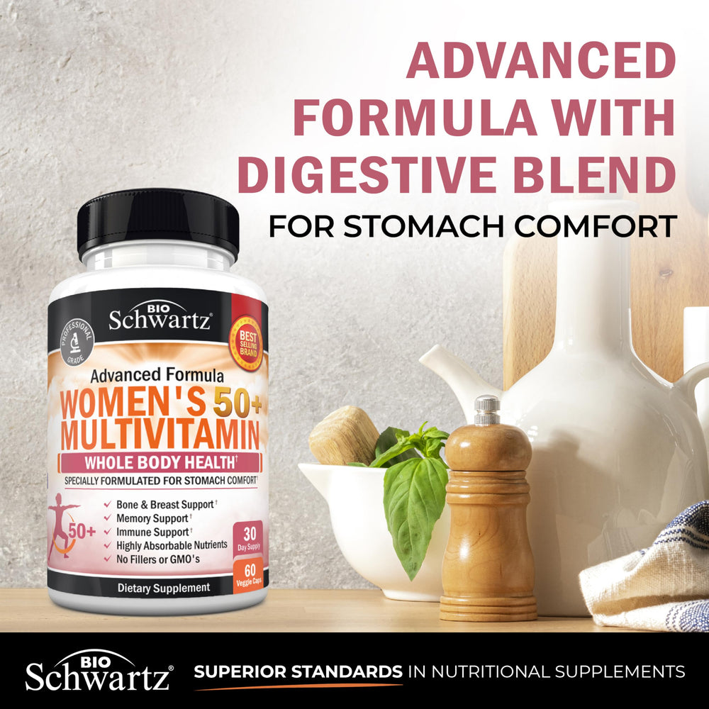 BioSchwartz Women 50+ capsules on counter suggest simple, daily immune and gut-friendly routine.