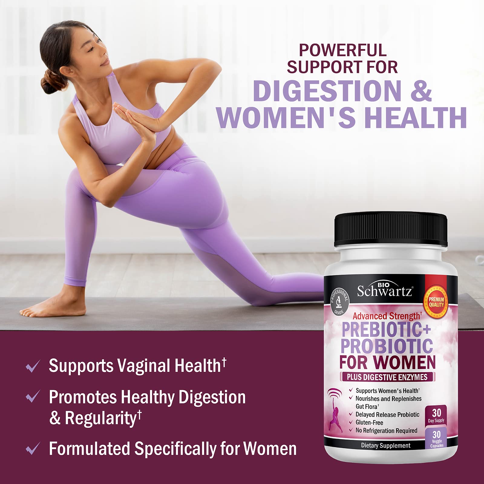 BioSchwartz women's capsules close-up for easy daily probiotic support.