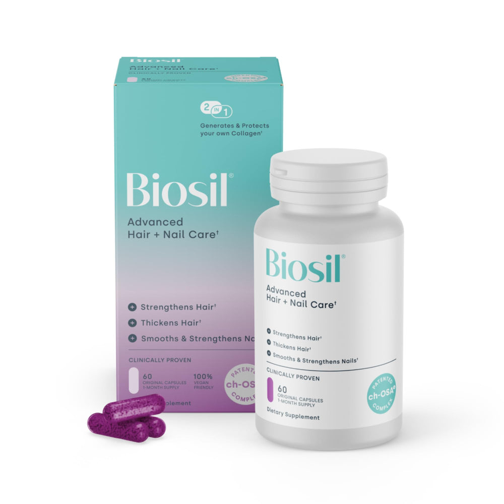 Biosil Advanced Hair + Nail Care bottle on a countertop for daily beauty routine.