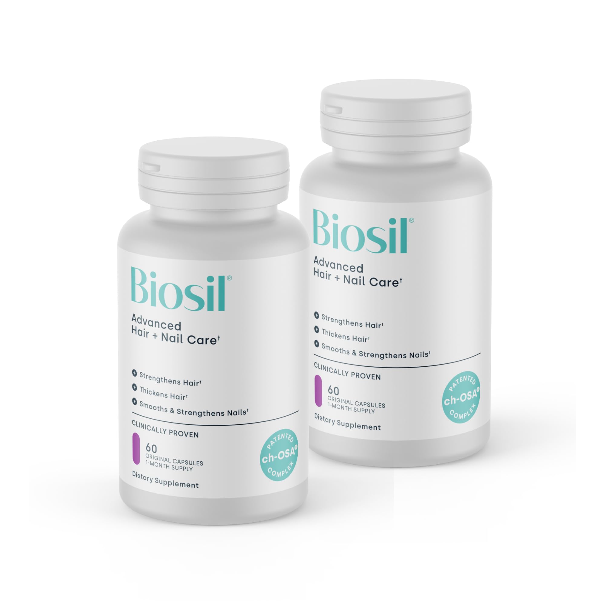 Biosil Advanced Hair + Nail Care bottle being poured to support daily use.