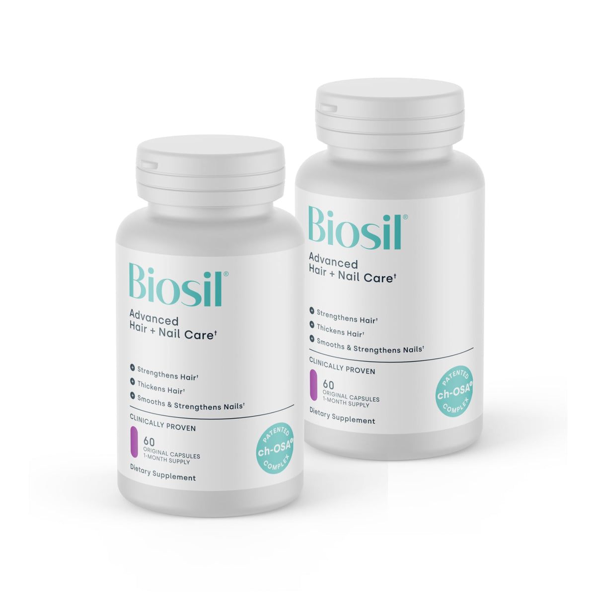 Biosil Advanced Hair + Nail Care bottle being poured to support daily use.