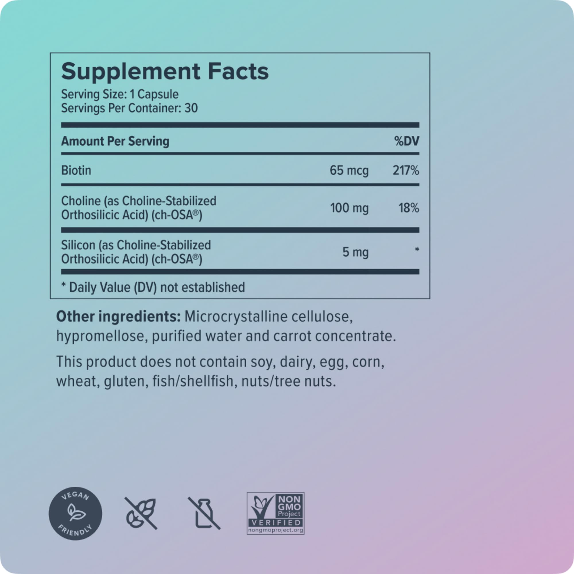 Close-up of ingredients highlights biotin and non-GMO claim.