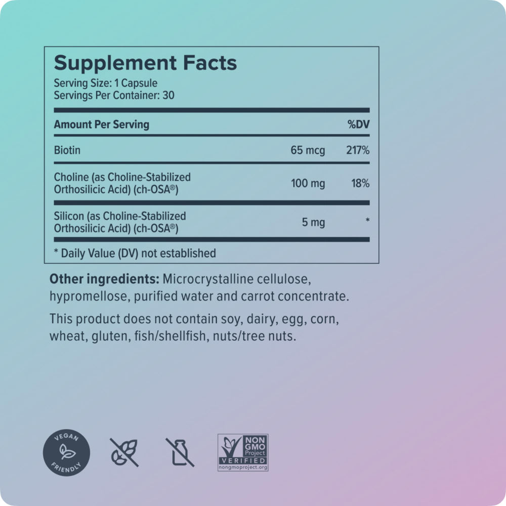 Close-up of ingredients highlights biotin and non-GMO claim.