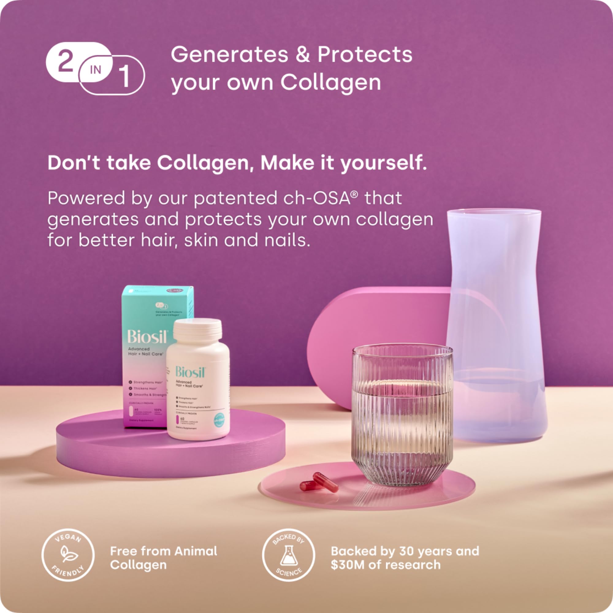 Scientific imagery illustrating collagen, keratin, and elastin concepts related to Biosil.
