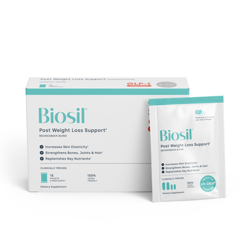 Biosil BounceBack packets ready for daily use to support post-weight loss vitality.