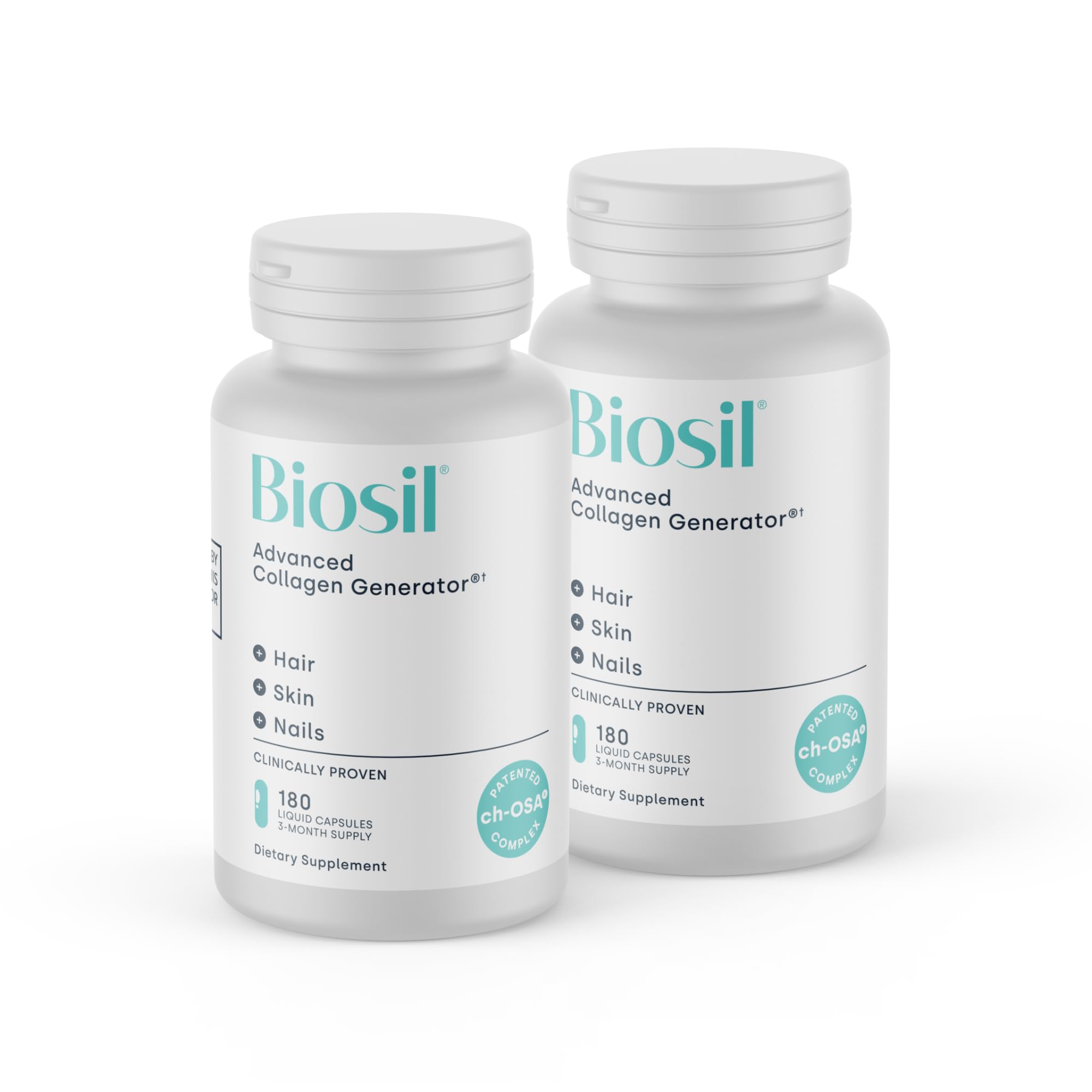 Biosil Collagen Booster bottle pouring capsules for skin and hair support.
