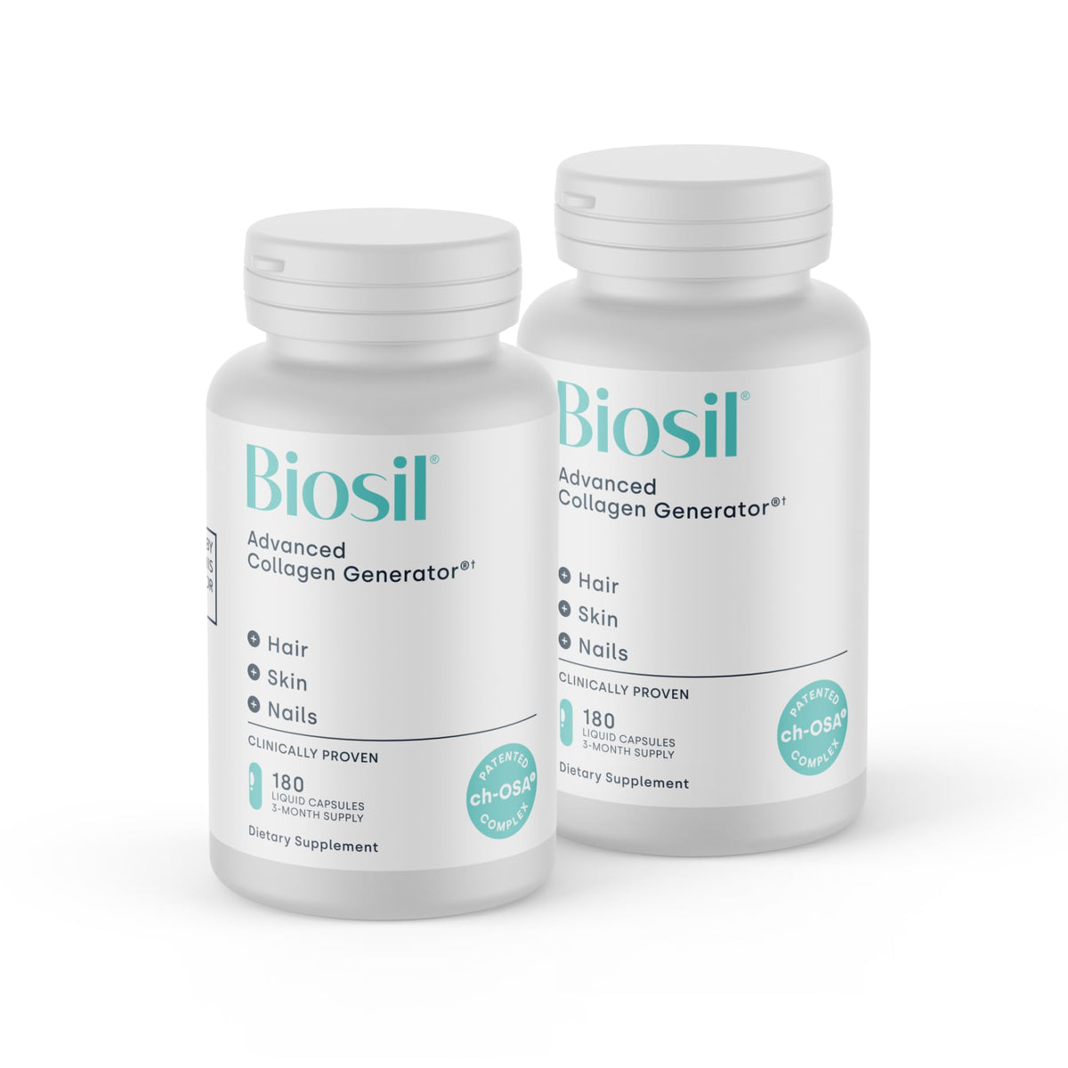 Biosil Collagen Booster bottle pouring capsules for skin and hair support.
