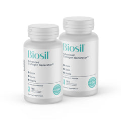 Biosil Collagen Booster bottle pouring capsules for skin and hair support.