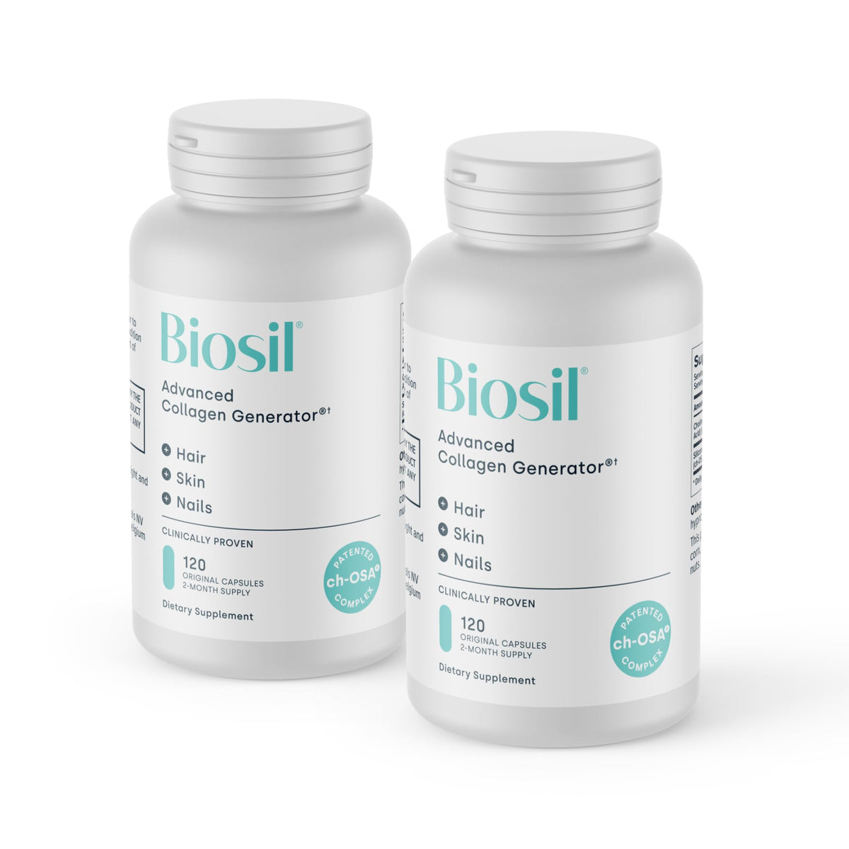 Biosil Collagen Booster bottle top view shows sleek packaging for daily beauty support