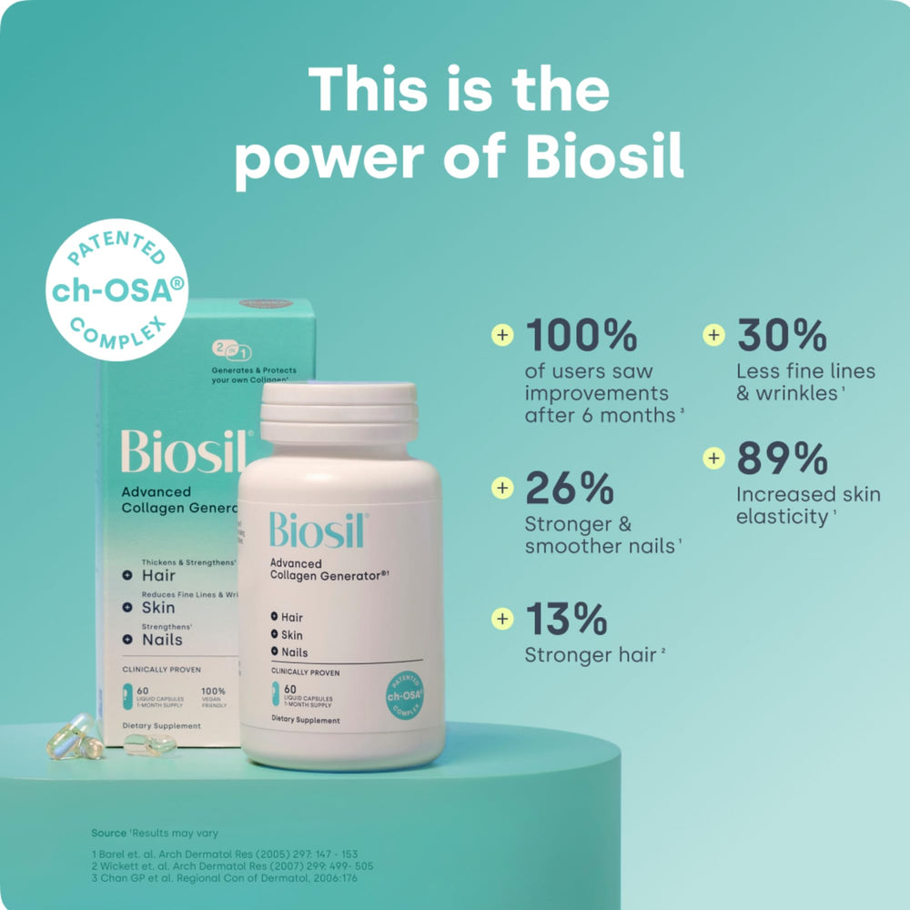 Close-up of vegan capsules in Biosil bottle for potential skin and nail support.