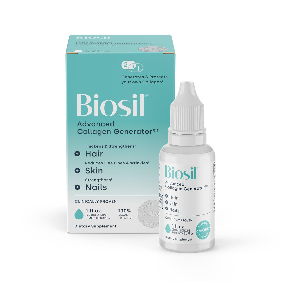 Biosil Collagen Booster drops bottle on white background, supports skin and hair health.