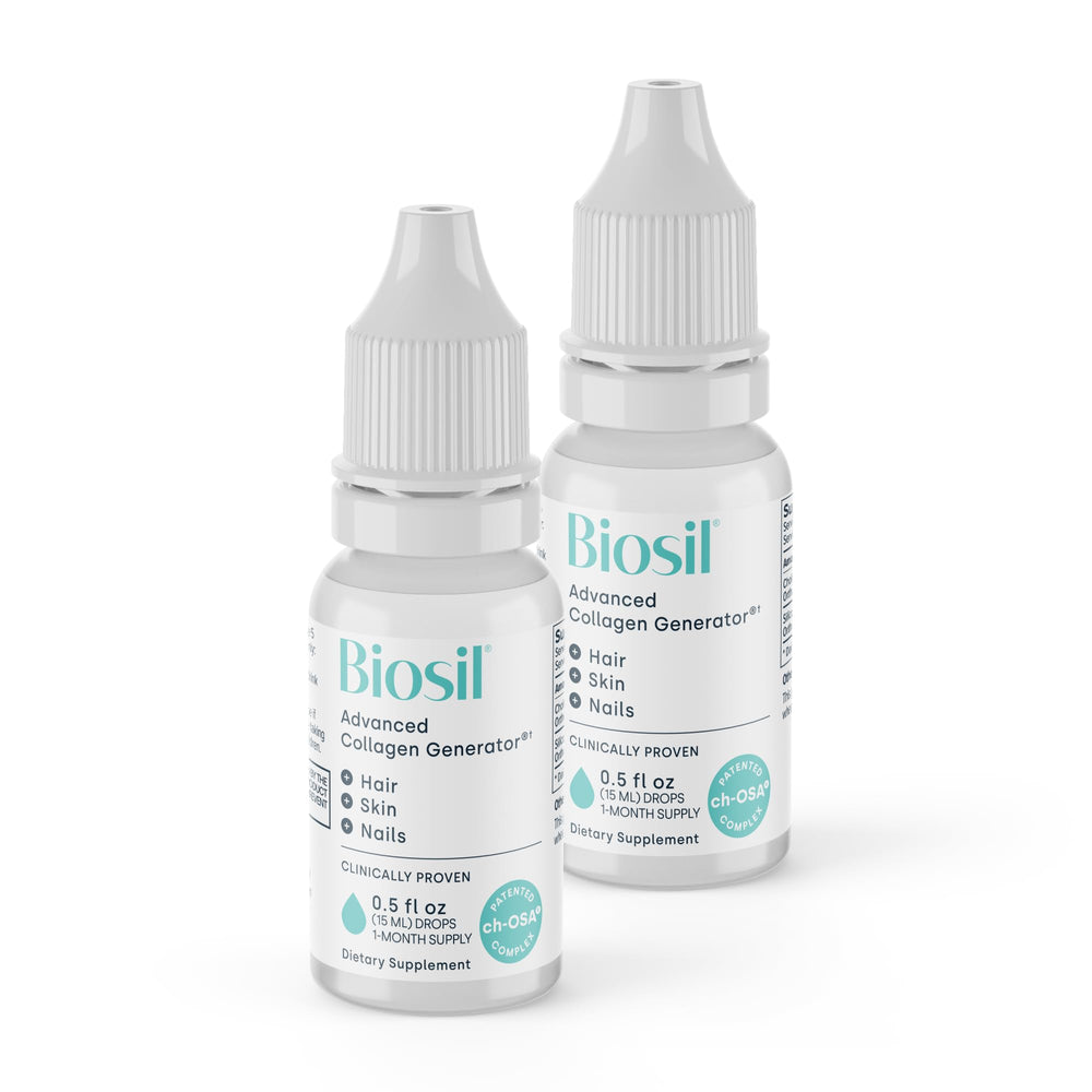 Biosil Collagen Booster Drops bottle highlights radiant skin potential.