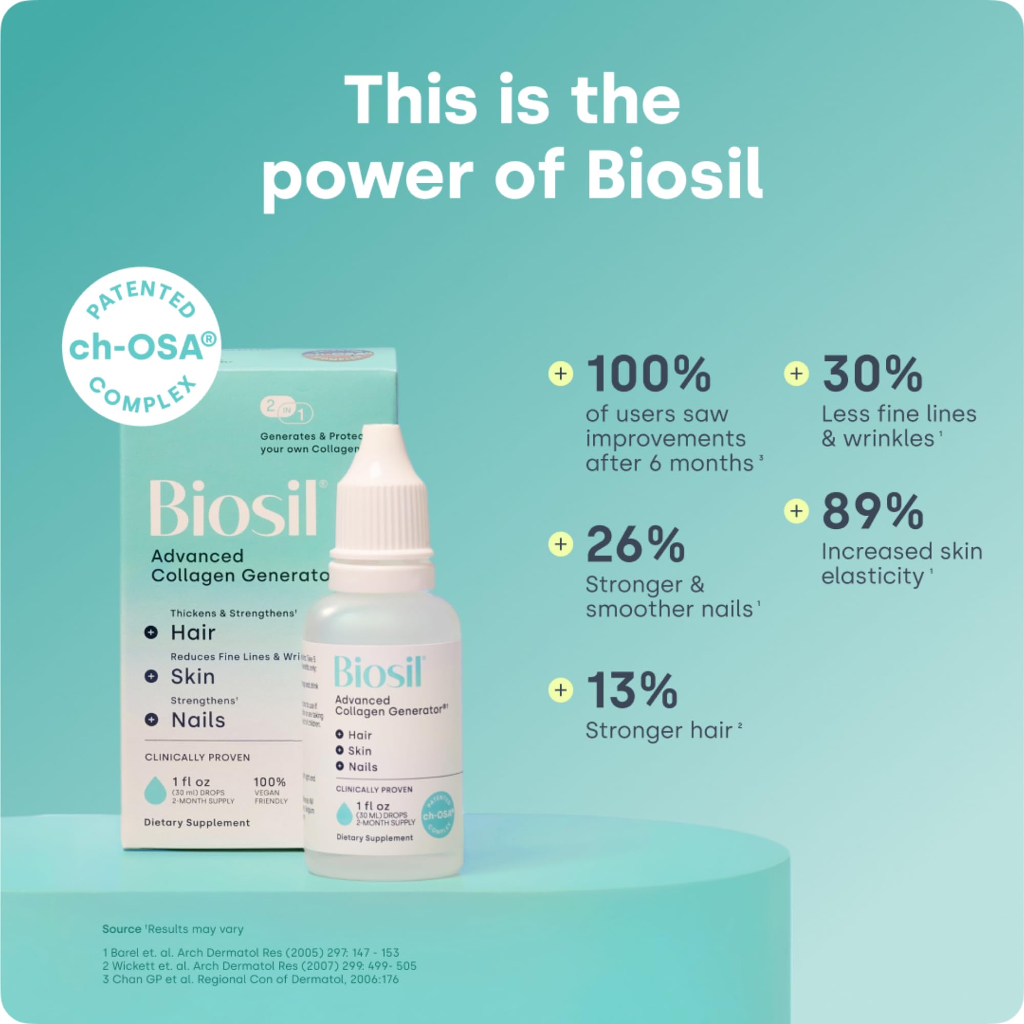 Dropper with Biosil Collagen Booster dosage, clear liquid inside.