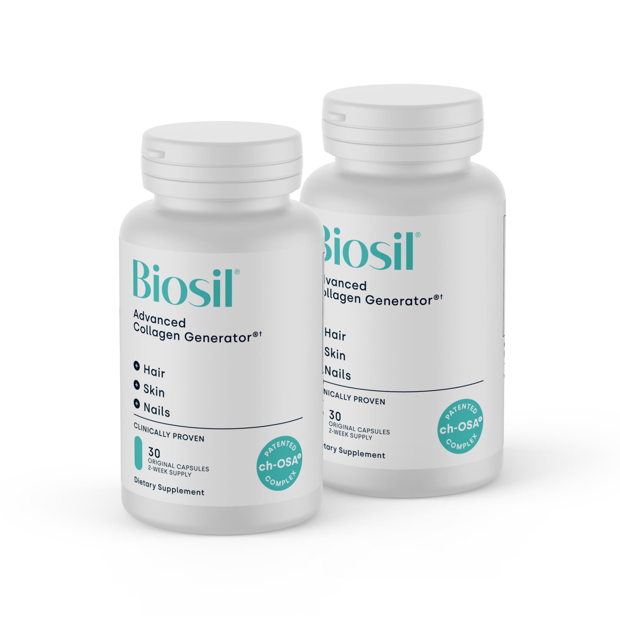 Biosil Collagen Booster bottle pouring for radiant skin support.