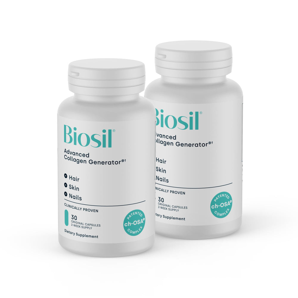 Biosil Collagen Booster bottle pouring for radiant skin support.