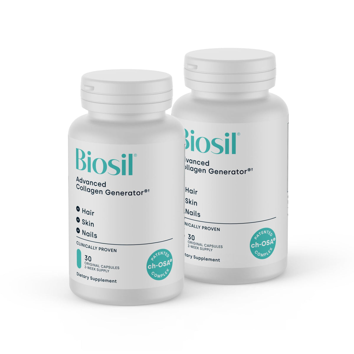 Biosil Collagen Booster bottle pouring for radiant skin support.