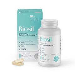 BioSil Collagen Generator bottle shows vegan formula supporting skin and nails.