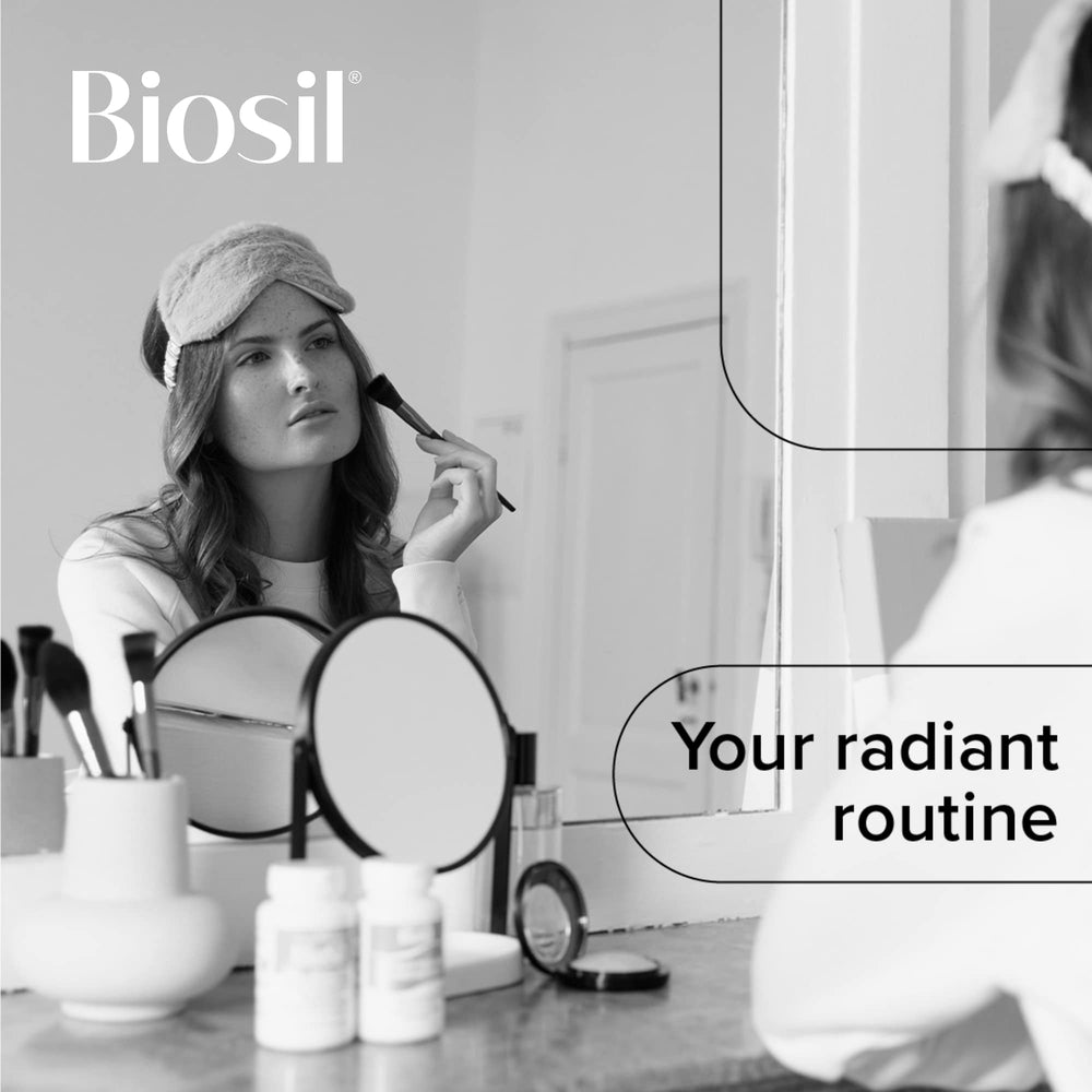 Hair and nails benefit imagery with Biosil capsules in use.