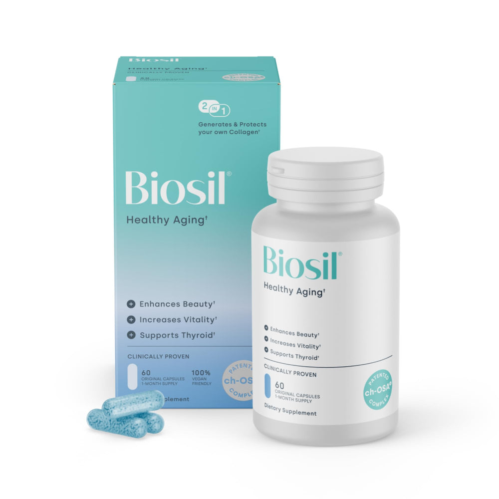 Biosil Healthy Aging bottle front in home setting for daily beauty support
