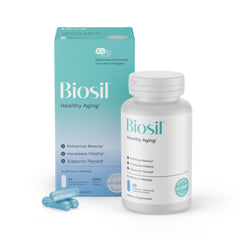 Biosil Healthy Aging bottle front in home setting for daily beauty support
