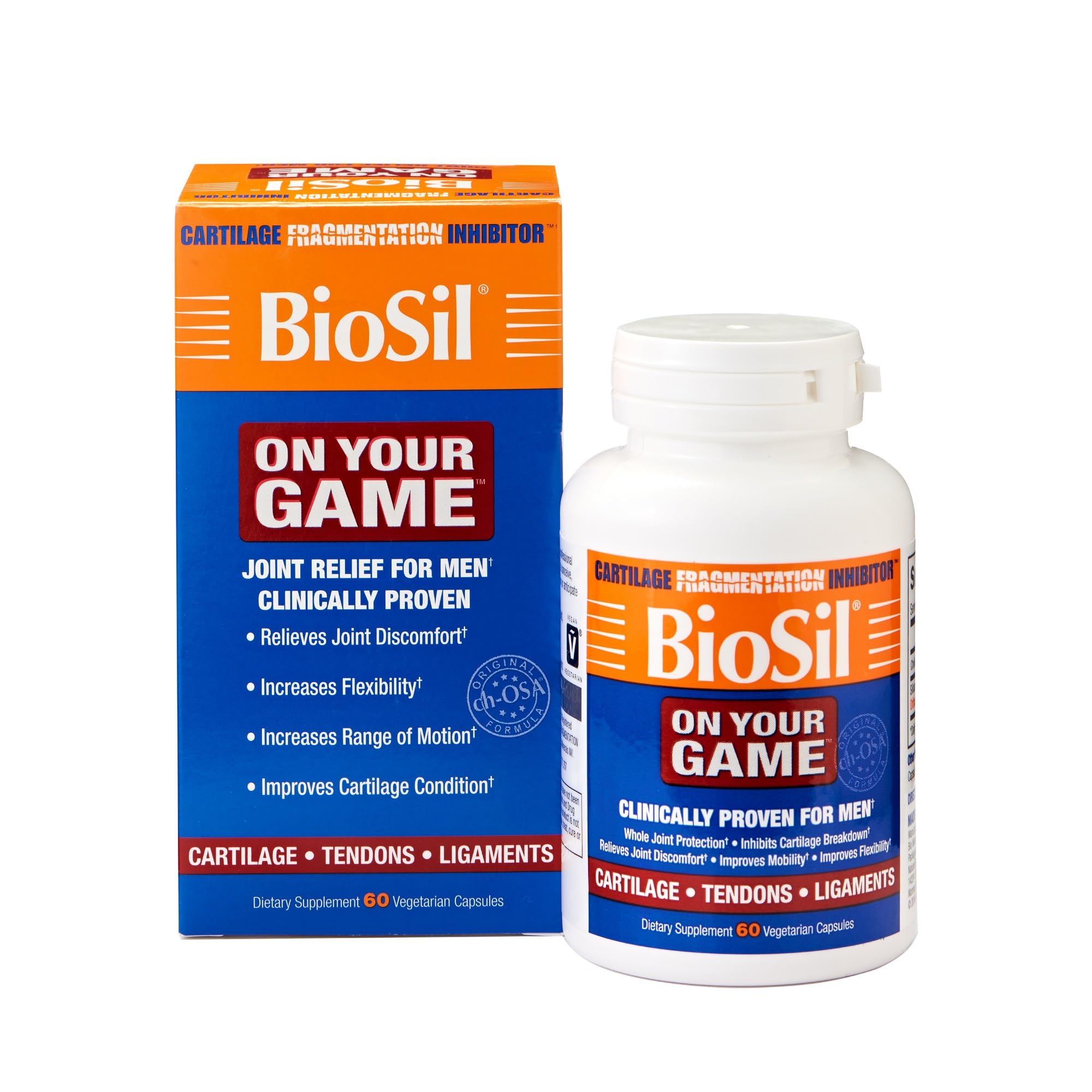 Biosil On Your Game bottle close-up shows capsule form for joint support.
