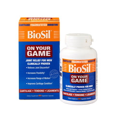 Biosil On Your Game bottle close-up shows capsule form for joint support.