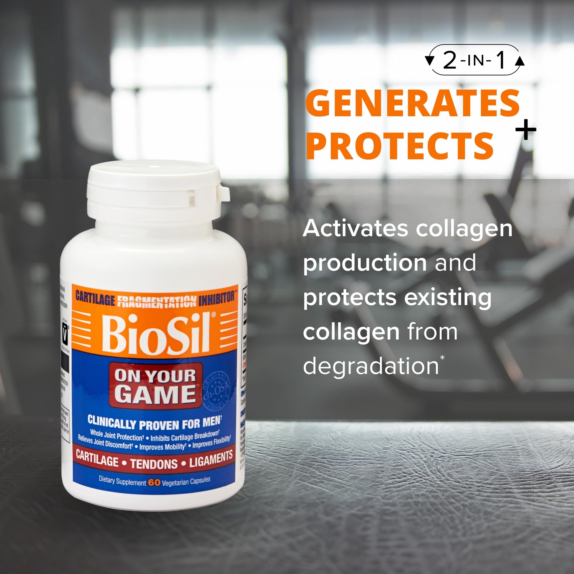 Biosil On Your Game packaging on a shelf suggests convenient daily use.