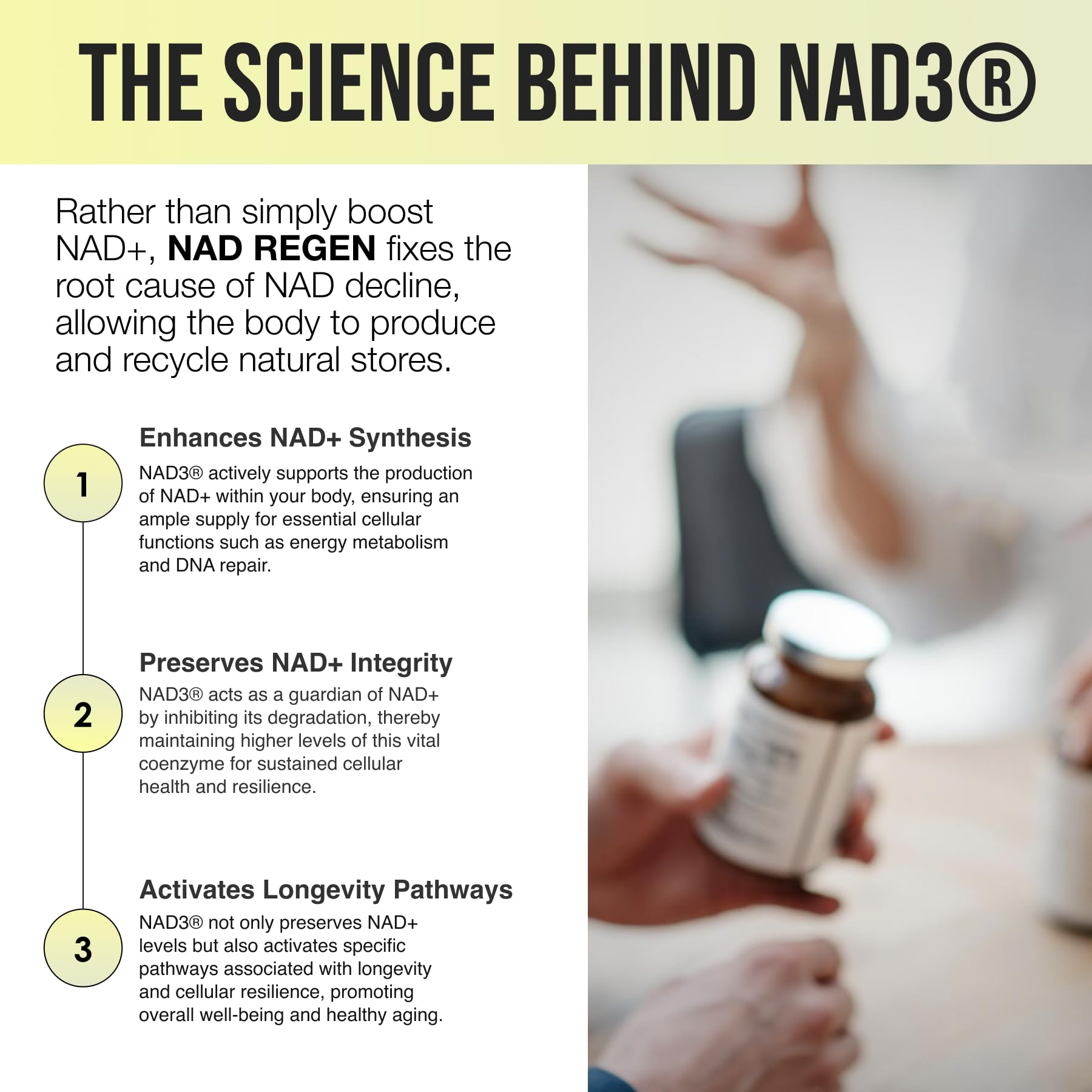 BIOSTACK NAD Regen amber bottle conveys premium anti-aging supplement branding.