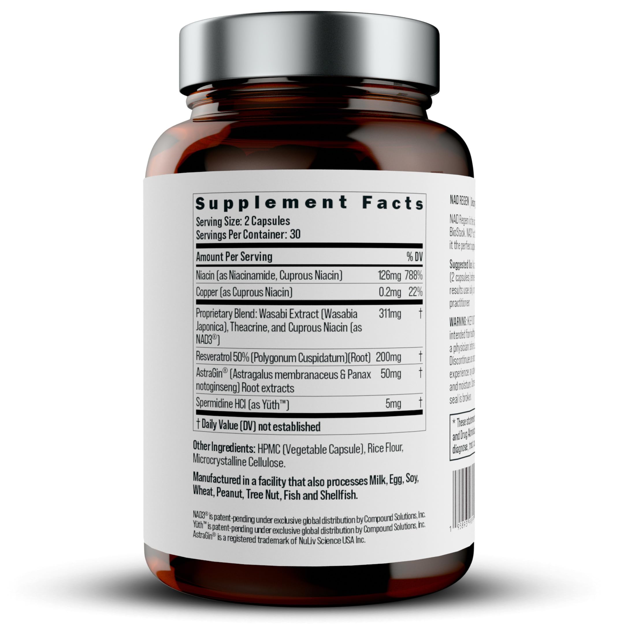 BIOSTACK NAD Regen bottle back with supplement facts for informed daily use.