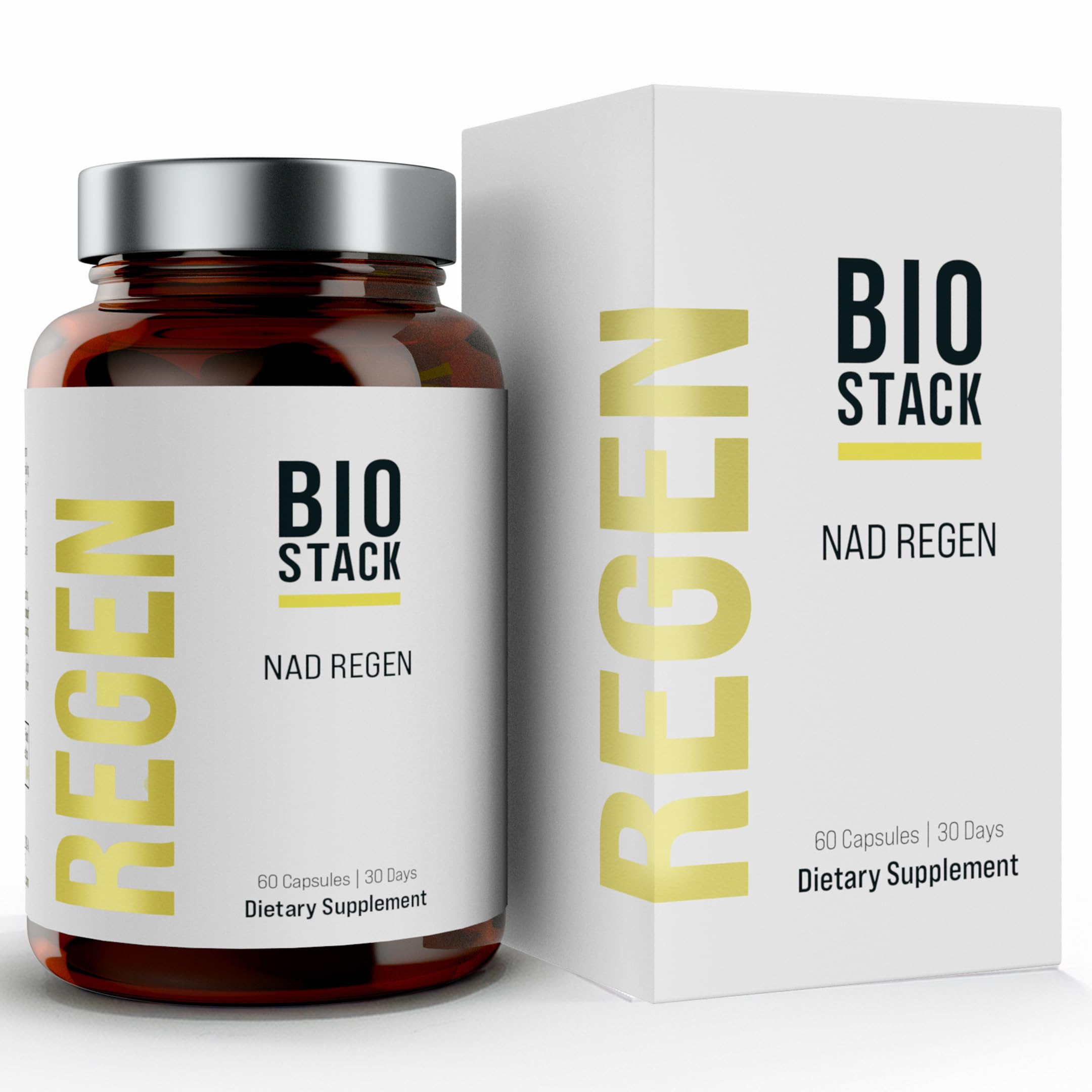 BIOSTACK NAD Regen bottle front shows premium NAD+ support for energy and longevity.