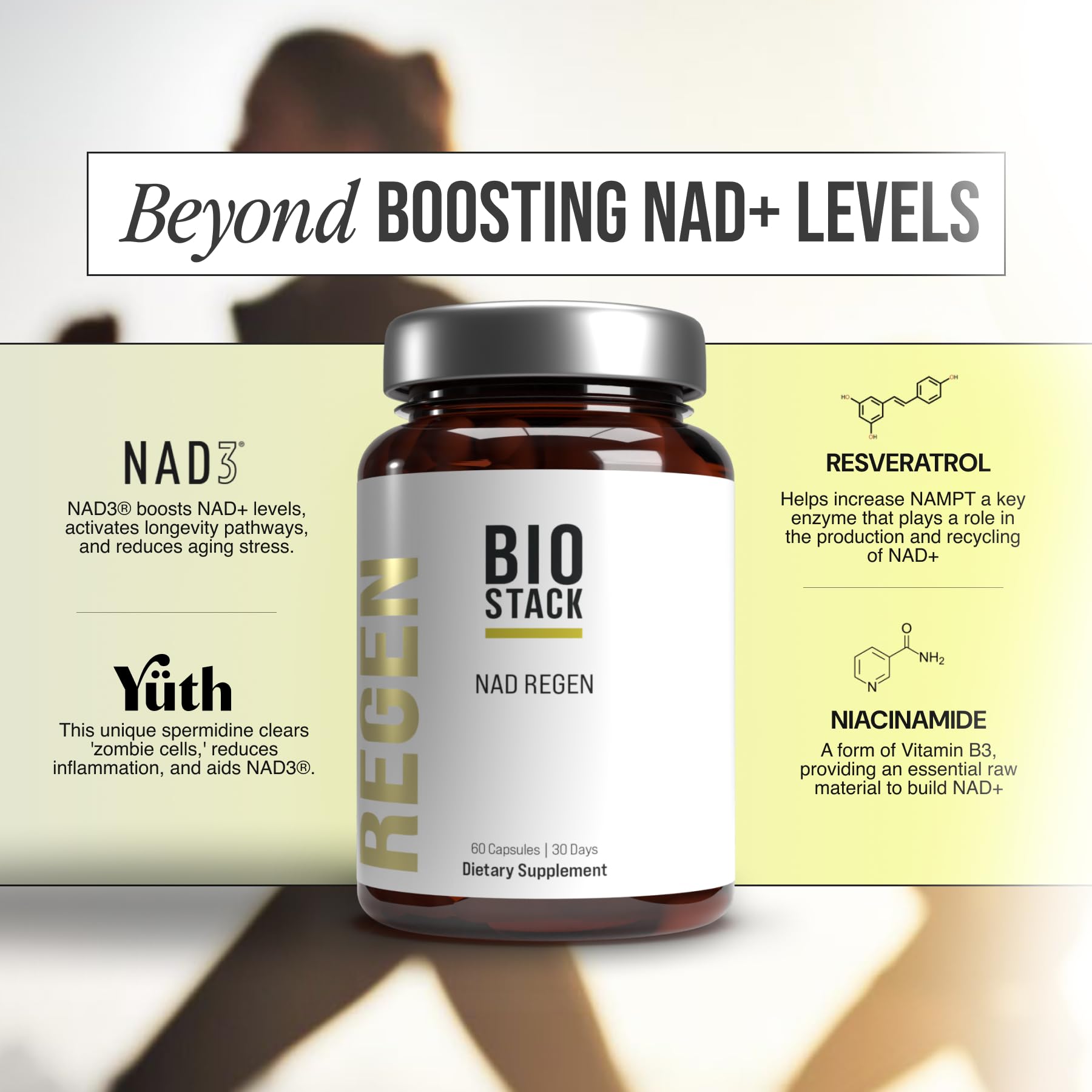 BIOSTACK NAD Regen dosage spoon image suggests simple daily intake routine.