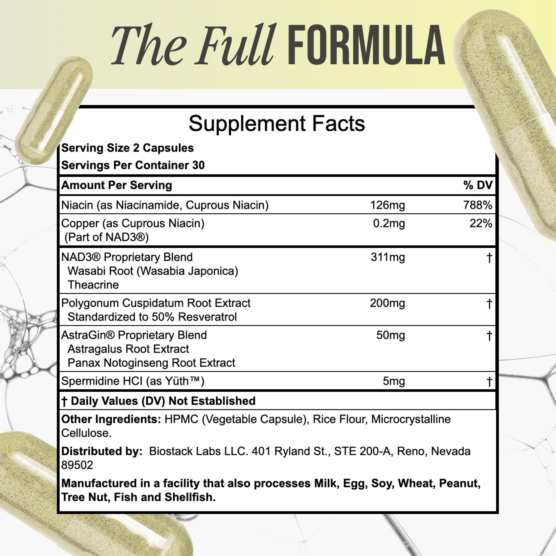 BIOSTACK NAD Regen ingredients panel highlights NAD3, resveratrol, niacinamide for wellness.