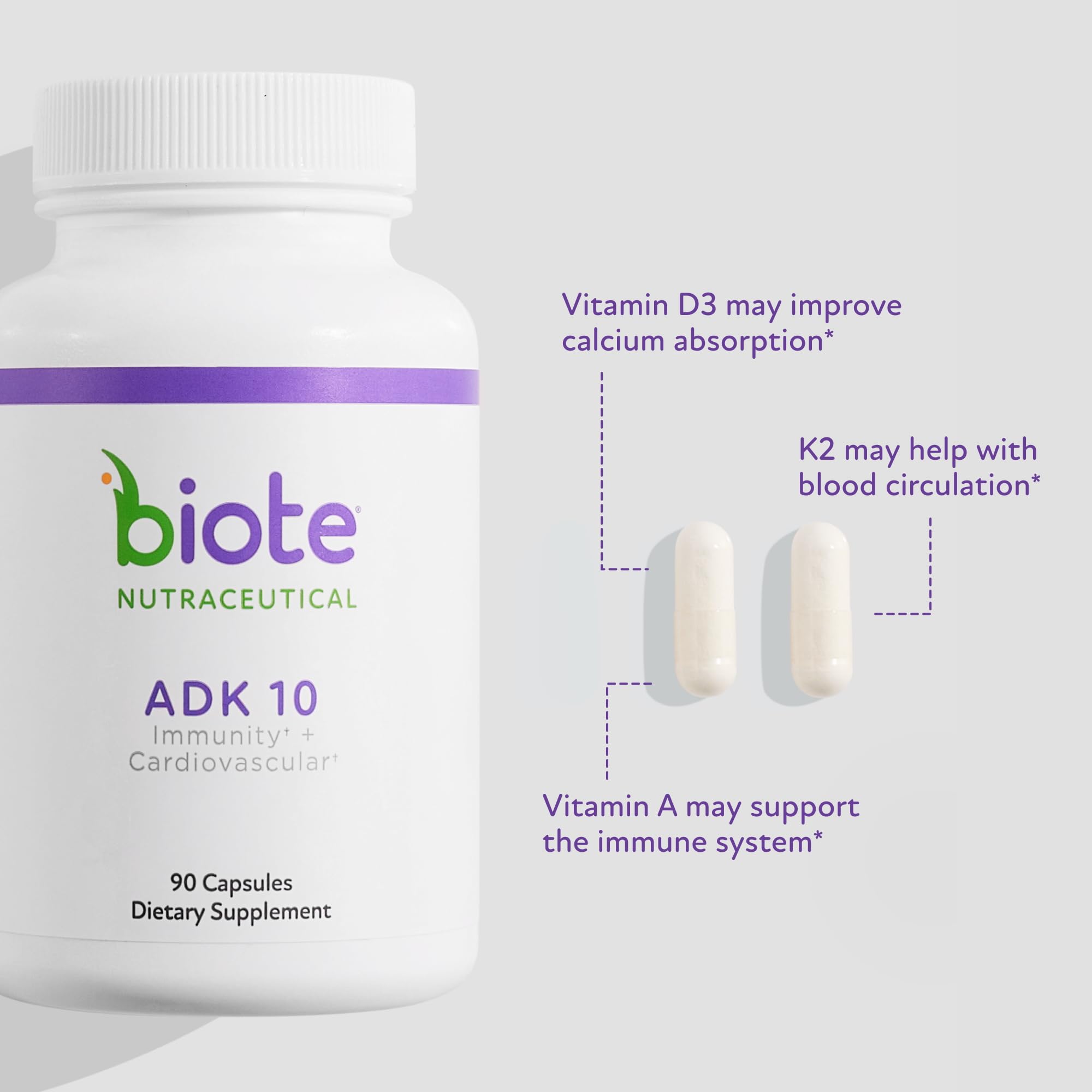 Biote ADK10 vitamin D maintenance label close-up for bone health