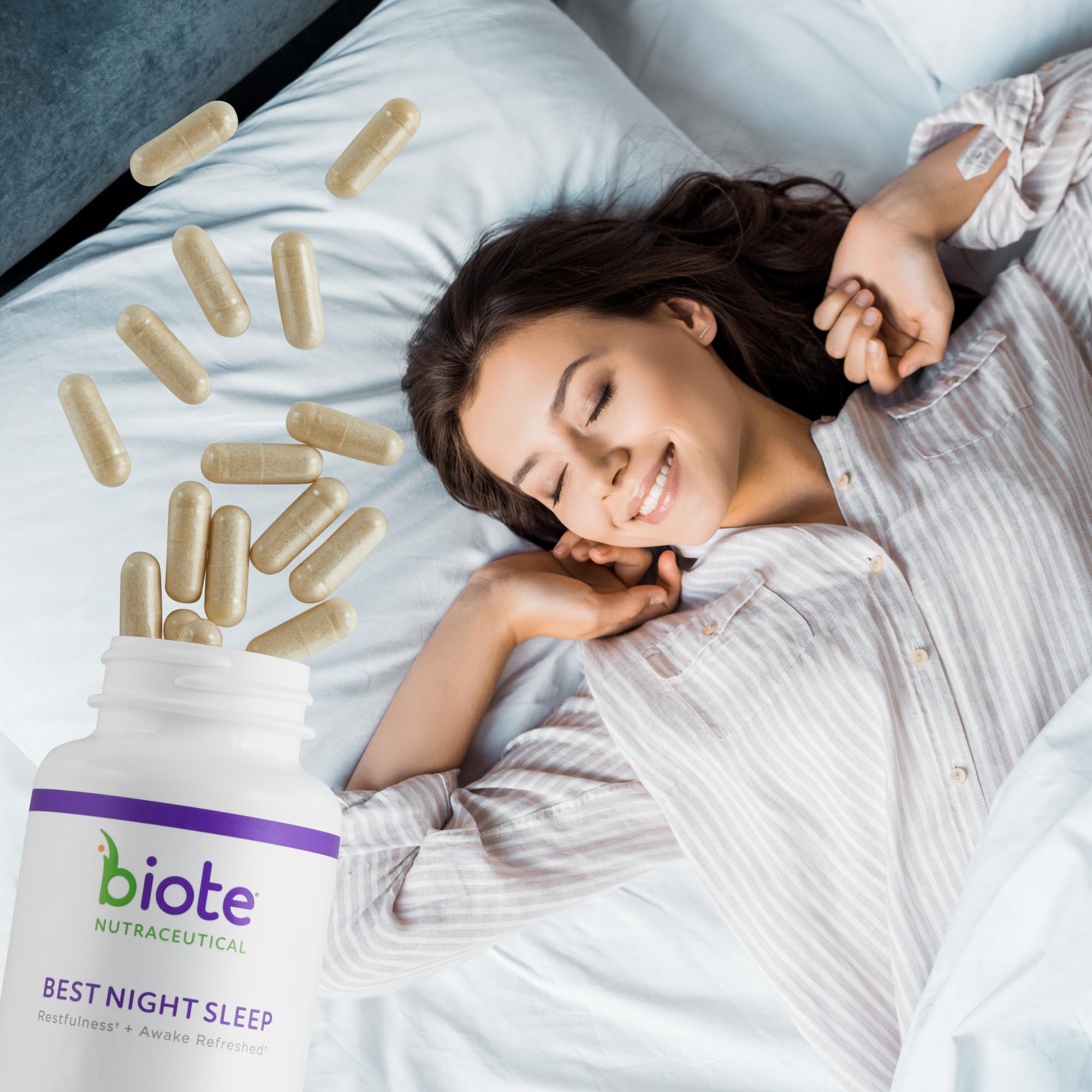 Biote Best Night's Sleep bottle beside water supports a calming evening routine.