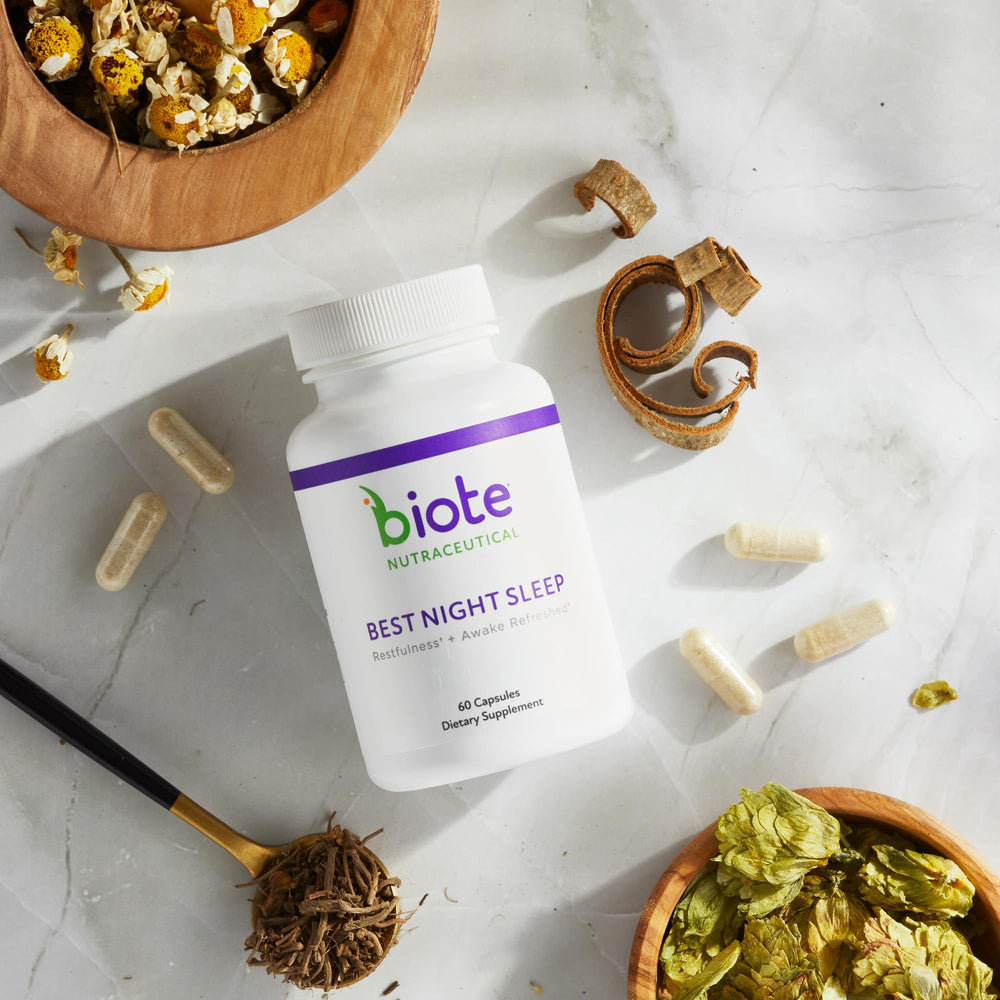 Biote Best Night's Sleep capsules close-up suggesting easy bedtime routine.
