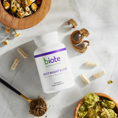 Biote Best Night's Sleep capsules close-up suggesting easy bedtime routine.