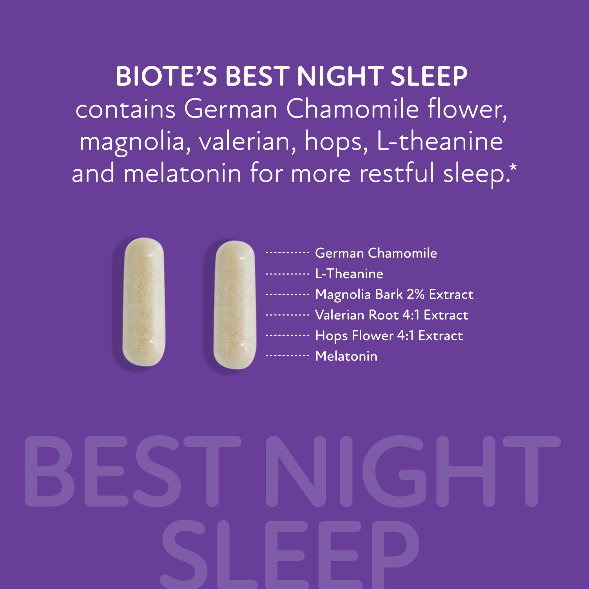 Biote Best Night's Sleep packaging highlights dairy-free and soy-free formula for sensitive users.