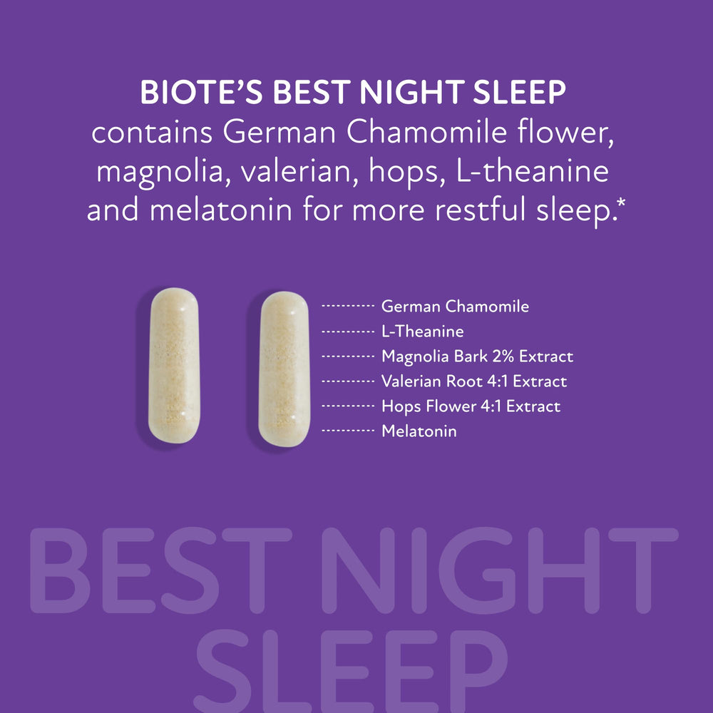 Biote Best Night's Sleep packaging highlights dairy-free and soy-free formula for sensitive users.